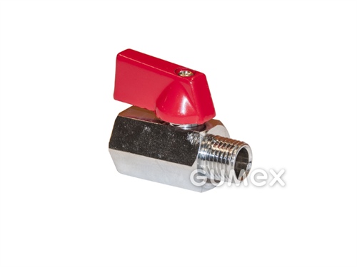 Kulový kohout šestihranný s páčkou pro vzduch a vodu, DN6, vnitřní závit G 1/4", vnější závit G 1/4", 25bar, těsnění PTFE, páčka hliník, -10°C/+110°C, mosaz